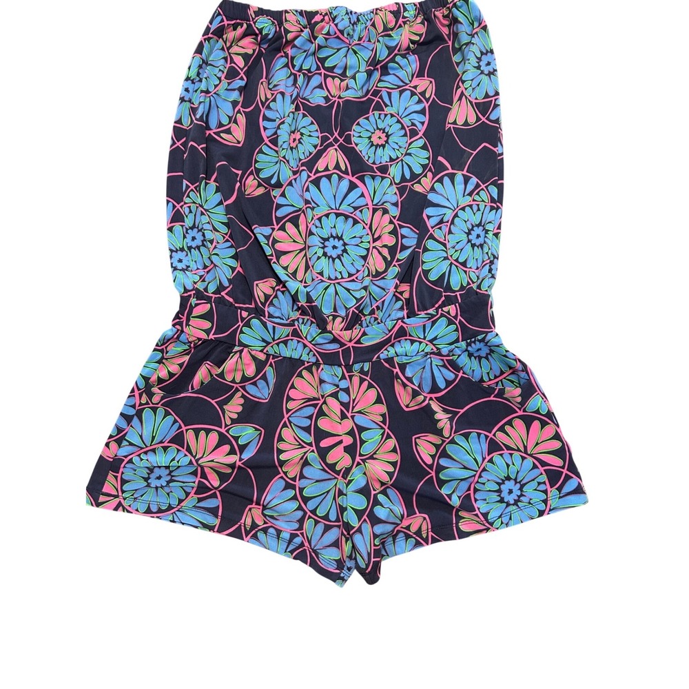 Tori Richard Honolulu Womens Strapless Romper Navy Pink Floral Geometric Small